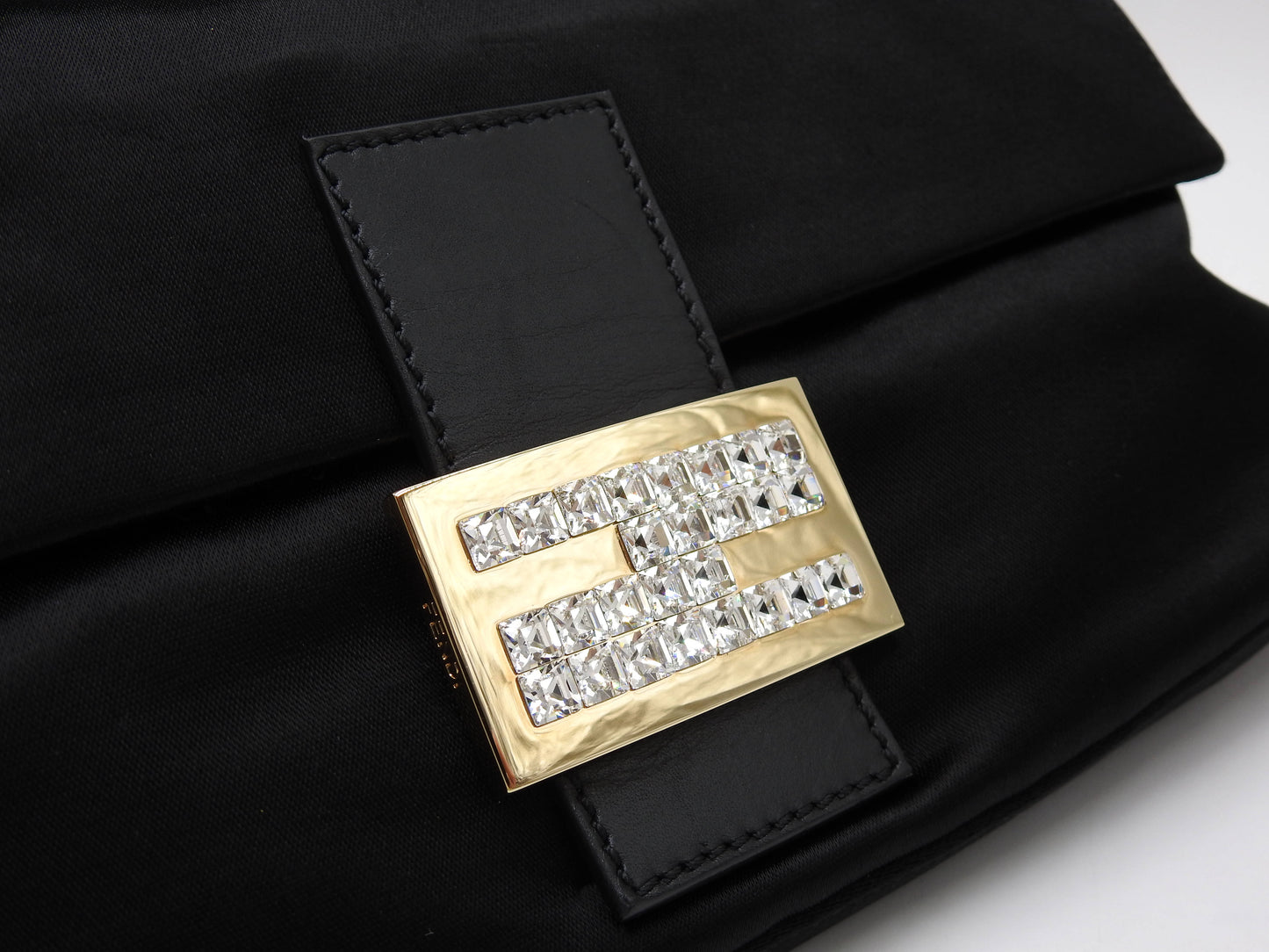 FENDI Mamma Baguette Shoulder Hand Bag Satin Leather Crystal Black 8BR600