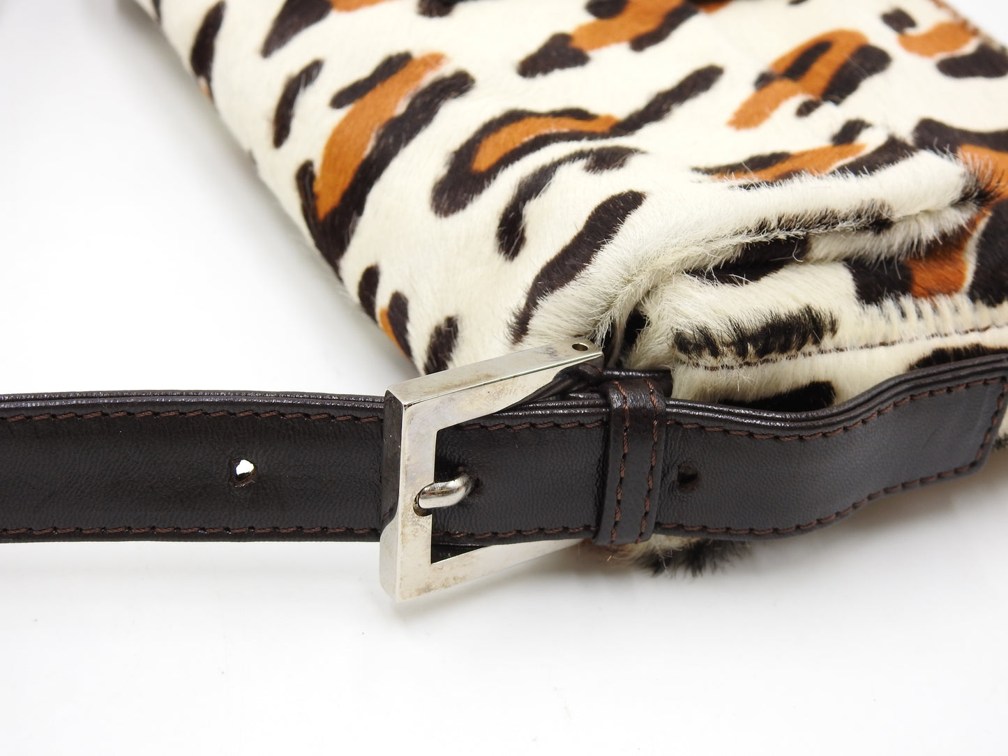 FENDI Leopard Mamma Baguette Shoulder Hand Bag Leather White Brown Silver