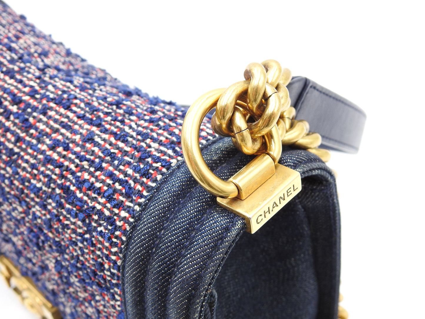 CHANEL Medium Boy Flap 25 Chain Shoulder Bag Denim Tweed Blue Gold A67086