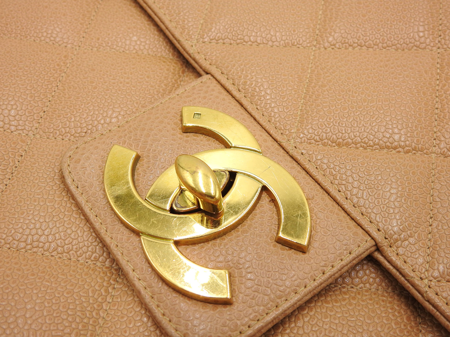 CHANEL CC Matelasse Briefcase Business Bag Caviarskin Leather Beige Gold