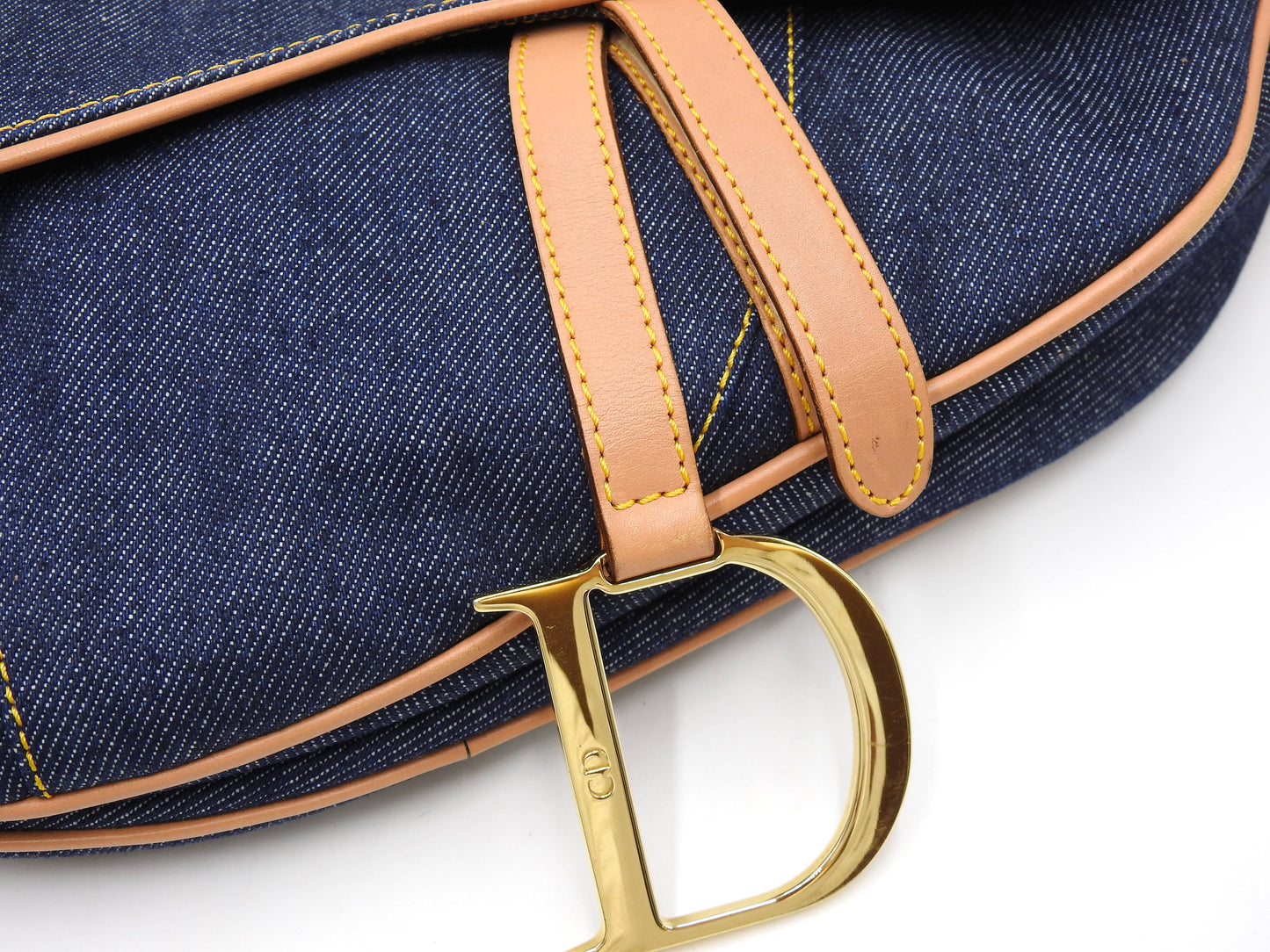 Christian Dior Saddle Bag Shoulder Hand Bag Denim Canvas Leather Navy Gold