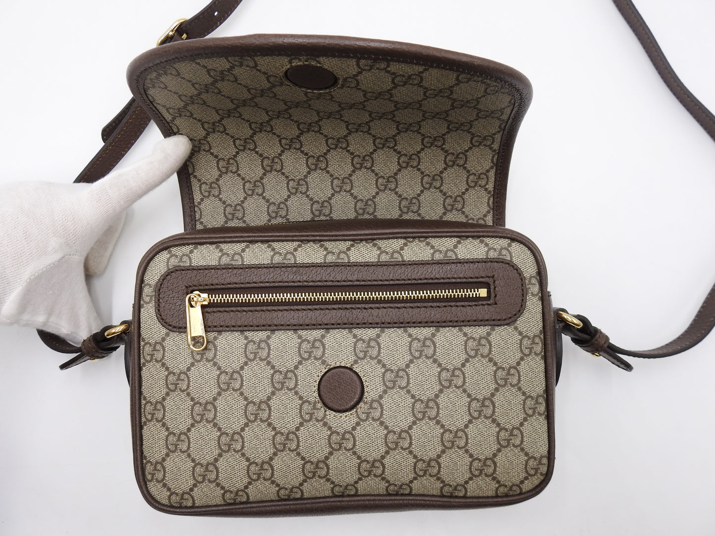 GUCCI GG Supreme Ophidia Web Messenger Shoulder Bag Beige Brown 722117