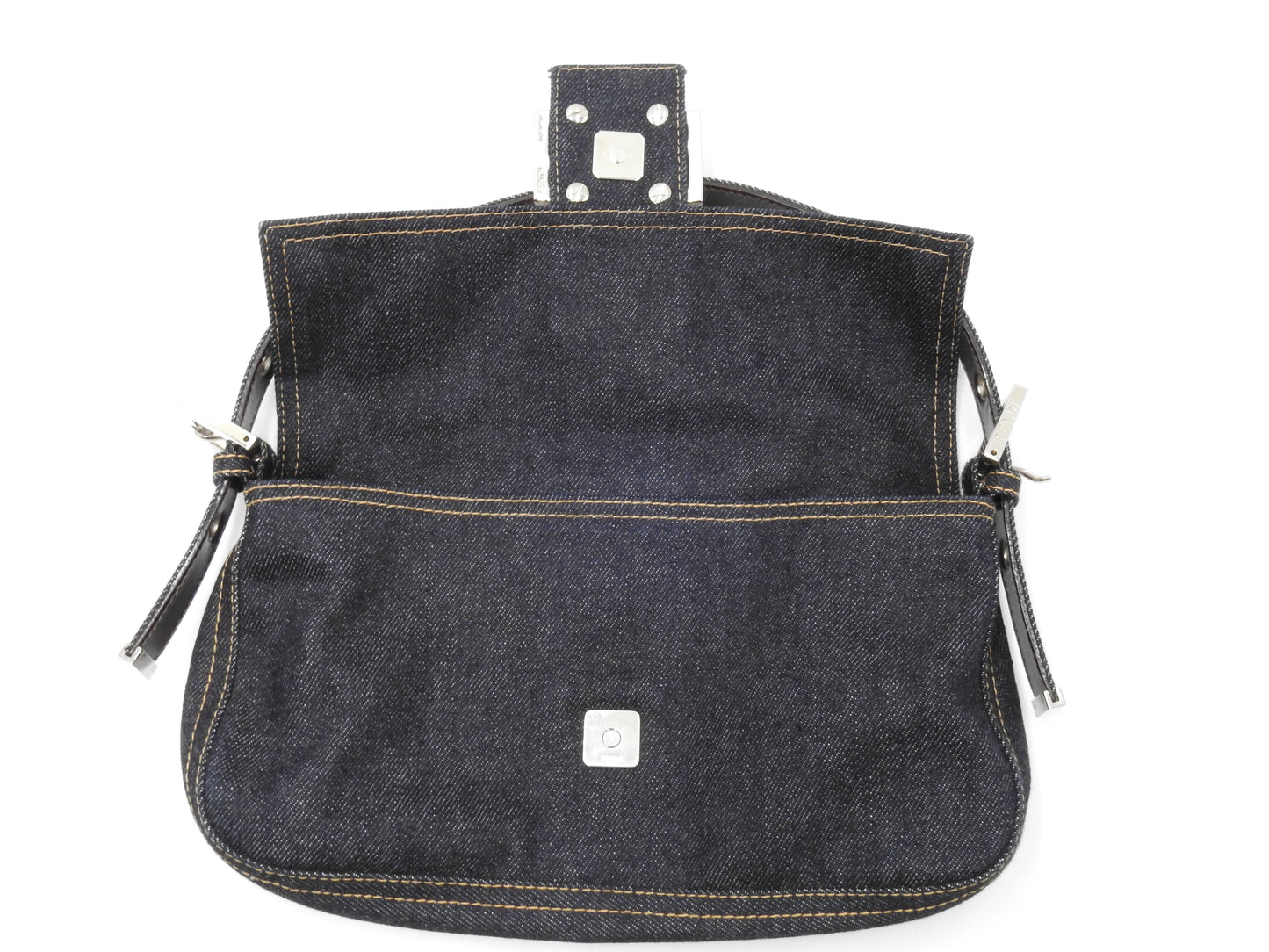 Auth FENDI Mamma Baguette Shoulder Hand Bag Denim Navy Silver Hardware