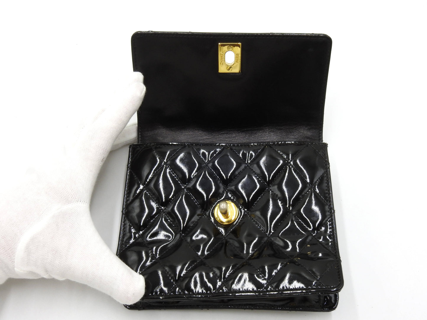 CHANEL CC Matelasse Mini Waist Belt Bag Enamel Patent Leather Black Gold