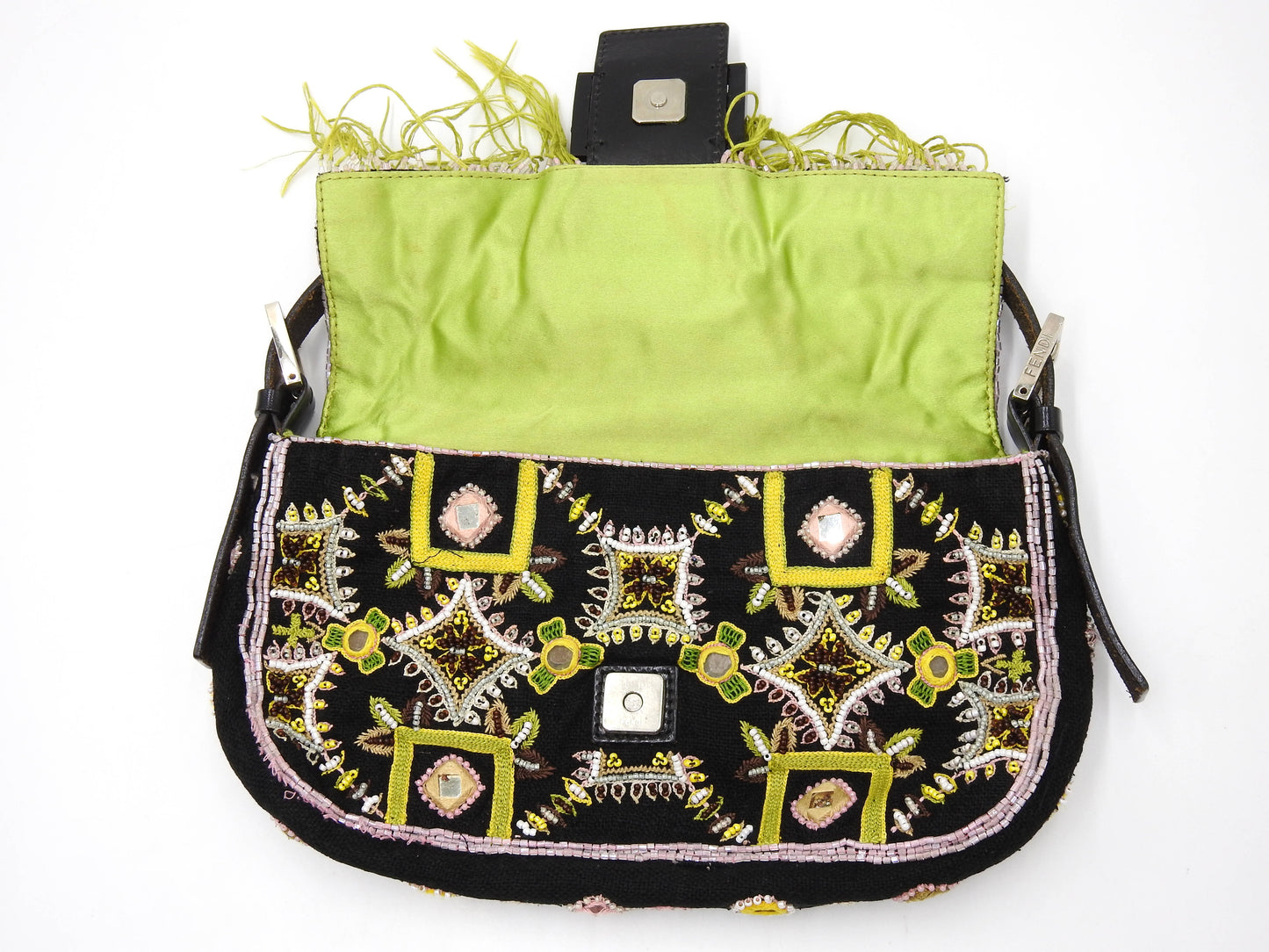 FENDI Mamma Baguette Shoulder Hand Bag Embroidered Beaded Fringe Black
