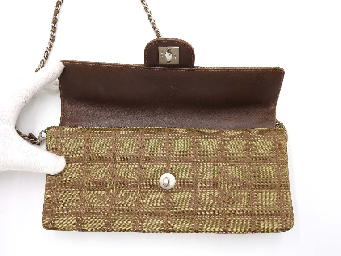 CHANEL New Travel Line Chocolate Bar Chain Shoulder Bag Khaki A15316