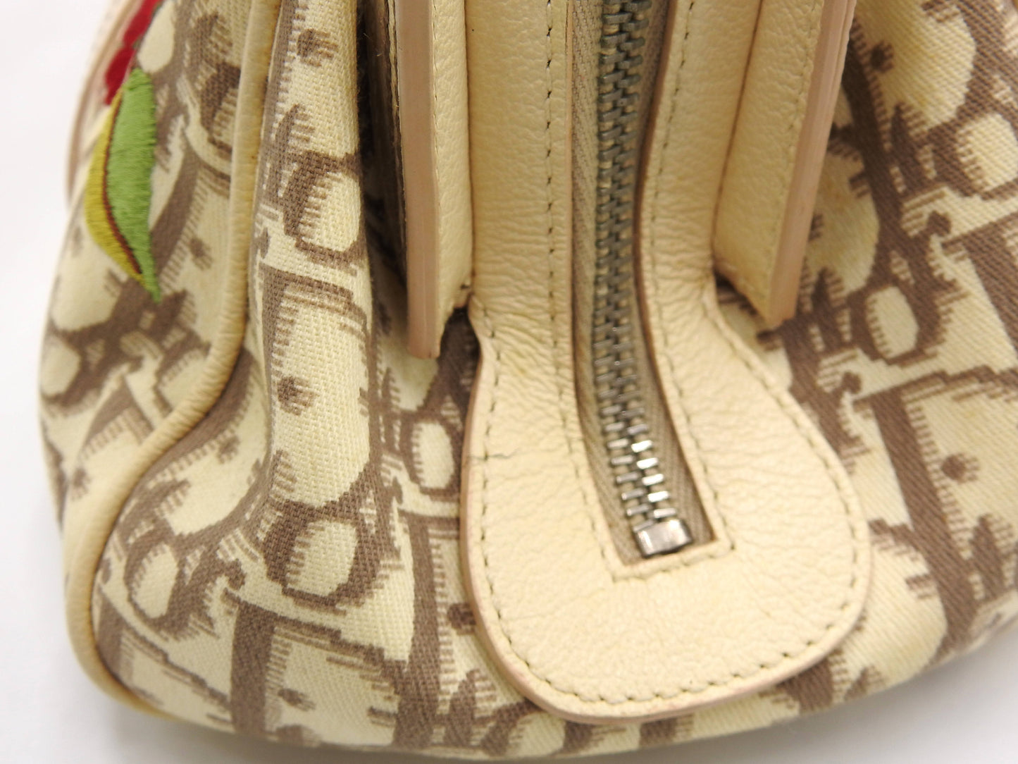 Christian Dior Trotter Embroidered Flower Hand Bag Canvas Leather Beige