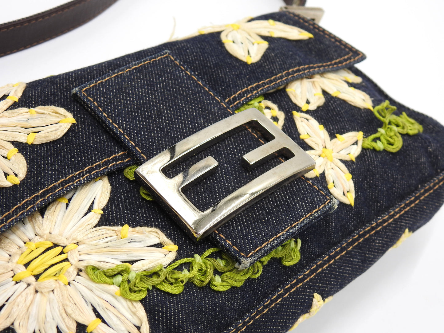 FENDI Denim Mamma Baguette Shoulder Hand Bag Flower Embroidered Navy