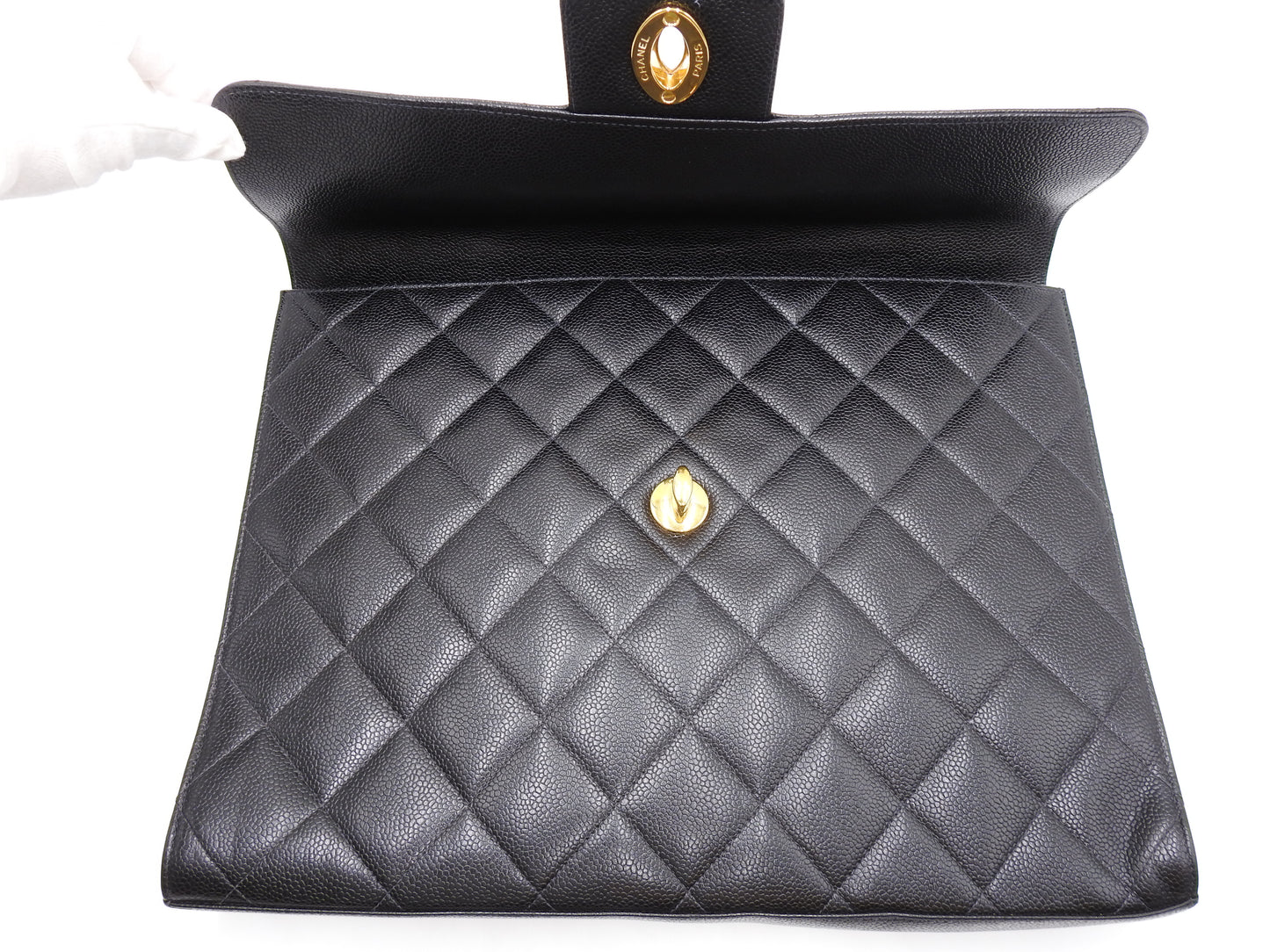 CHANEL CC Matelasse Briefcase Business Bag Caviarskin Leather Black Gold