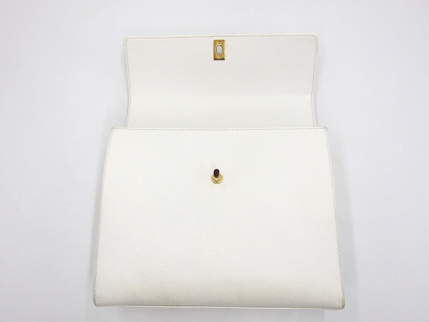 CHANEL CC Kelly Flap Wood Hand Bag Caviarskin Leather White