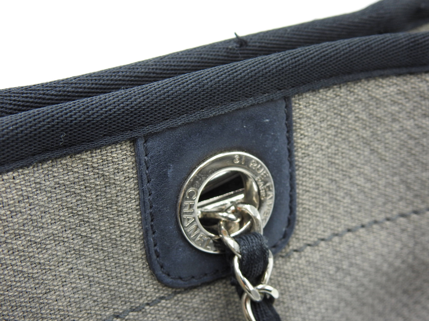 Chanel Deauville MM Tote Bag Shoulder Bag Canvas Gray Silver A67001