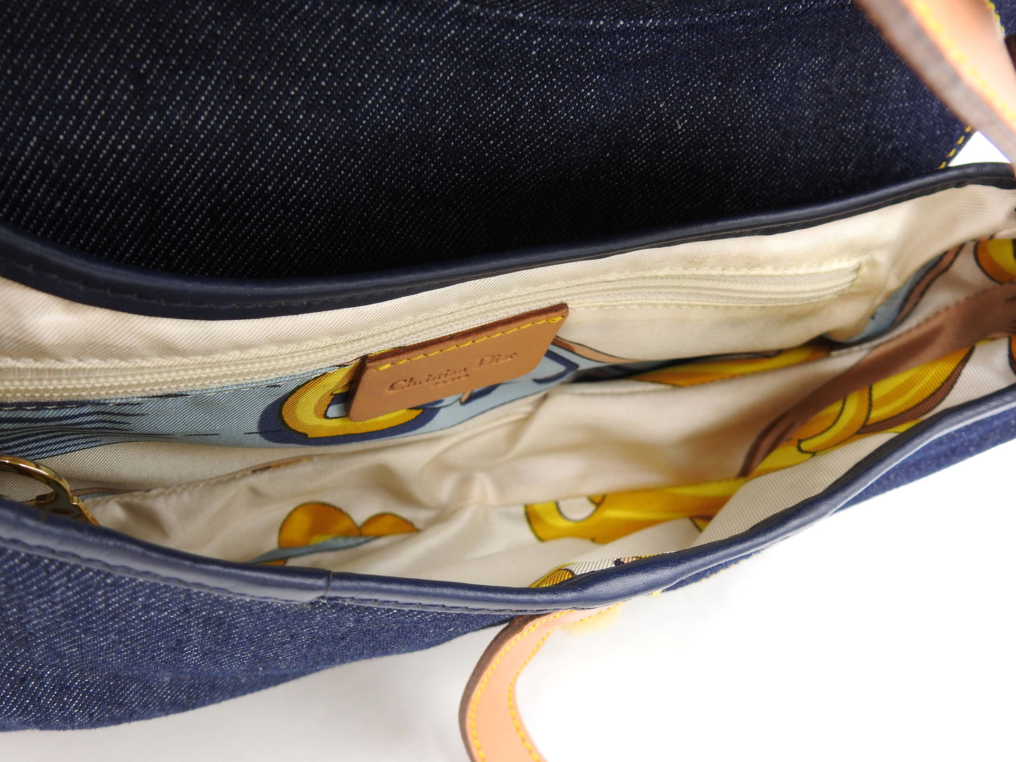 Christian Dior Saddle Bag Shoulder Hand Bag Denim Canvas Leather Navy Gold