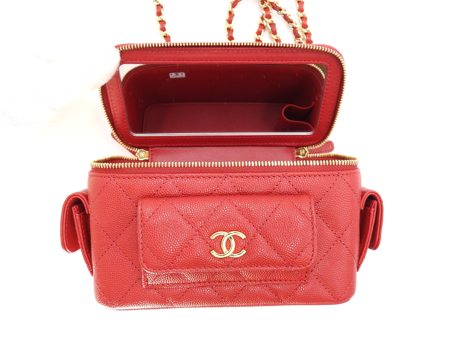 CHANEL CC Matelasse Top Handle 2way Chain Vanity Bag Caviarskin Red AP3017
