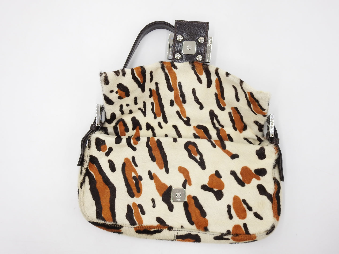 FENDI Leopard Mamma Baguette Shoulder Hand Bag Leather White Brown Silver