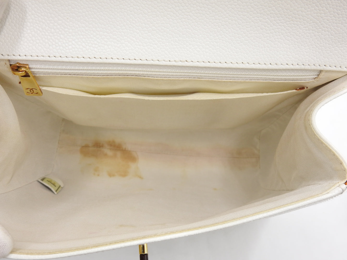 CHANEL CC Kelly Flap Wood Hand Bag Caviarskin Leather White