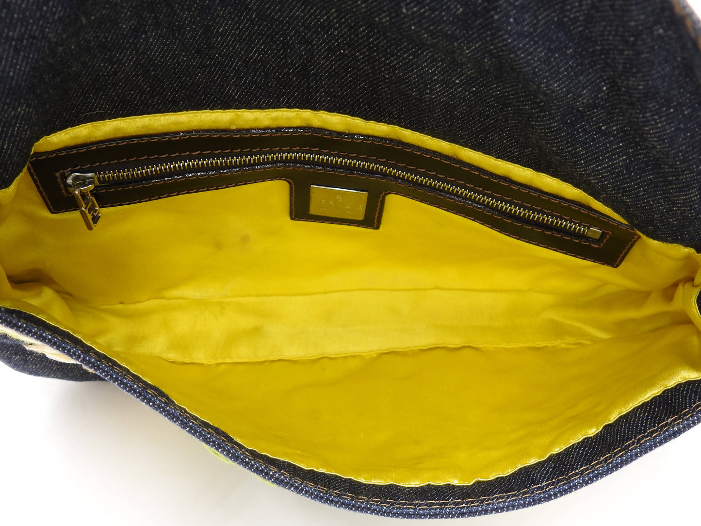 FENDI Denim Mamma Baguette Shoulder Hand Bag Flower Embroidered Navy