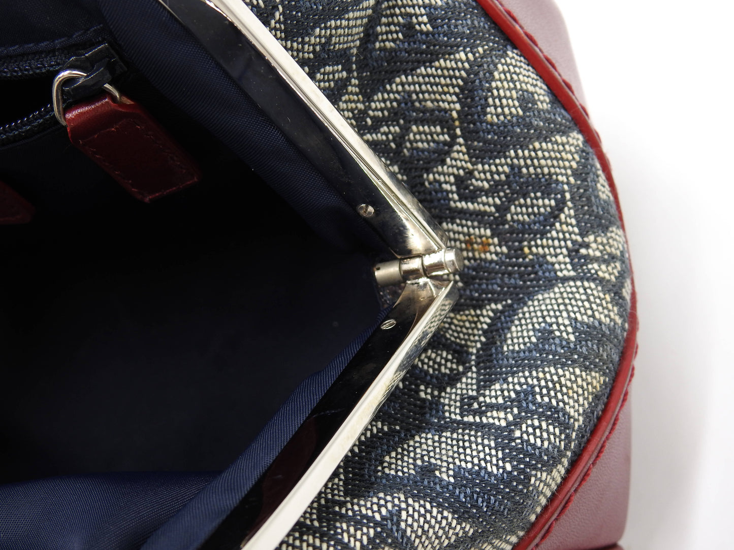 Christian Dior Trotter Kiss Lock Mini Hand Bag Canvas Leather Navy Red