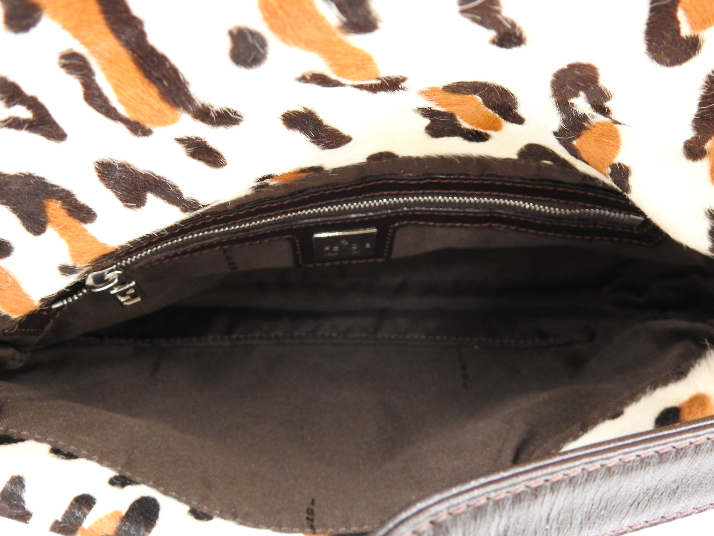 FENDI Leopard Mamma Baguette Shoulder Hand Bag Leather White Brown Silver