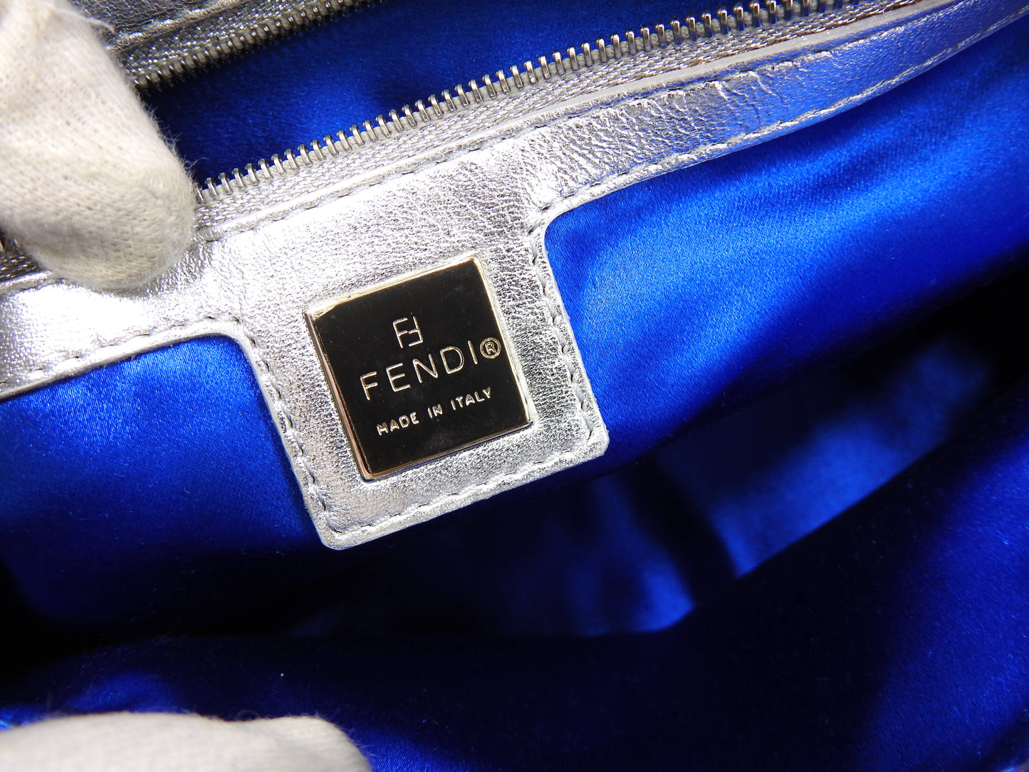 FENDI Mamma Baguette Shoulder Hand Bag Leather Rhinestone Silver