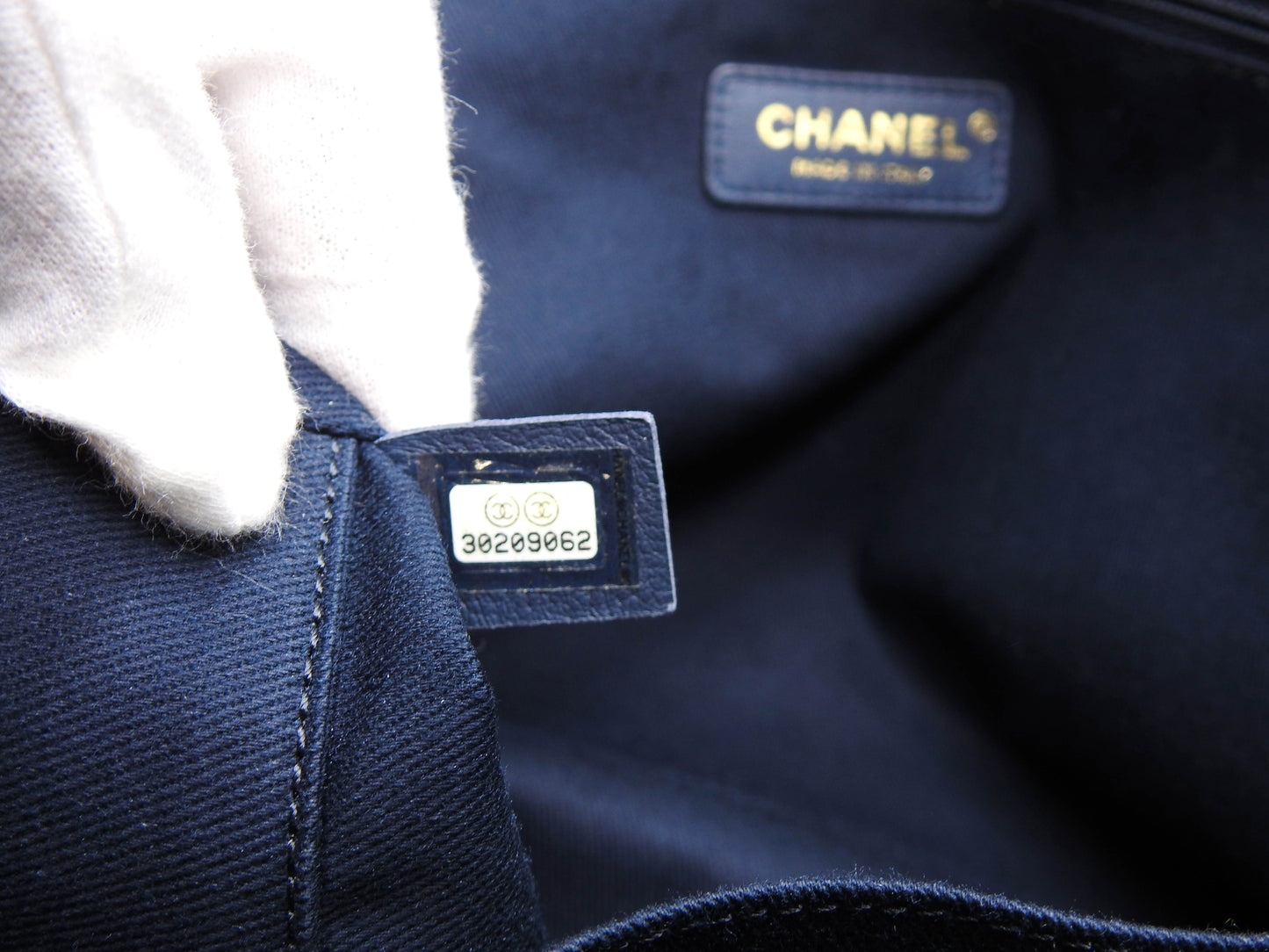 CHANEL Deauville MM Chain Tote Shoulder Bag Canvas Navy Gold A67001