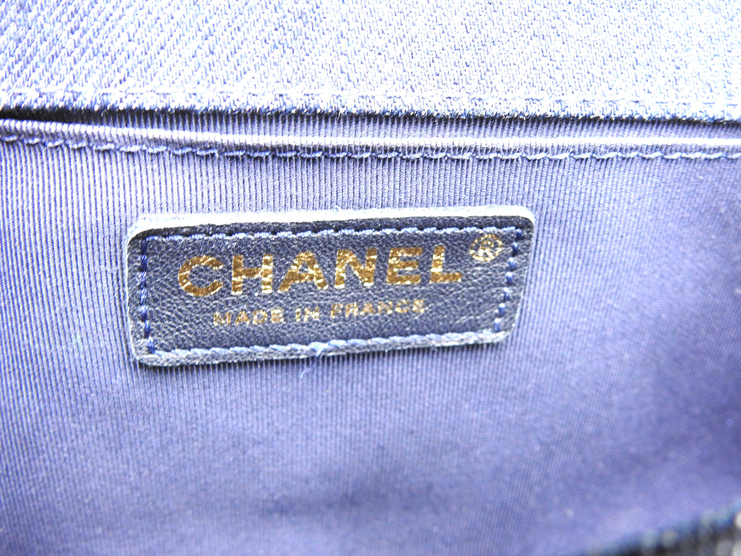 CHANEL Medium Boy Flap 25 Chain Shoulder Bag Denim Tweed Blue Gold A67086
