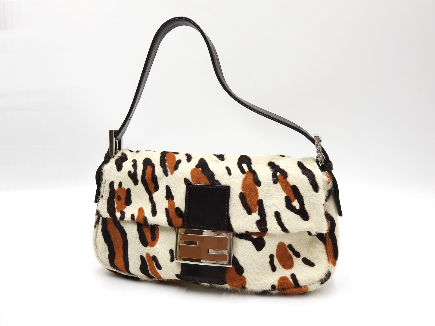 FENDI Leopard Mamma Baguette Shoulder Hand Bag Leather White Brown Silver