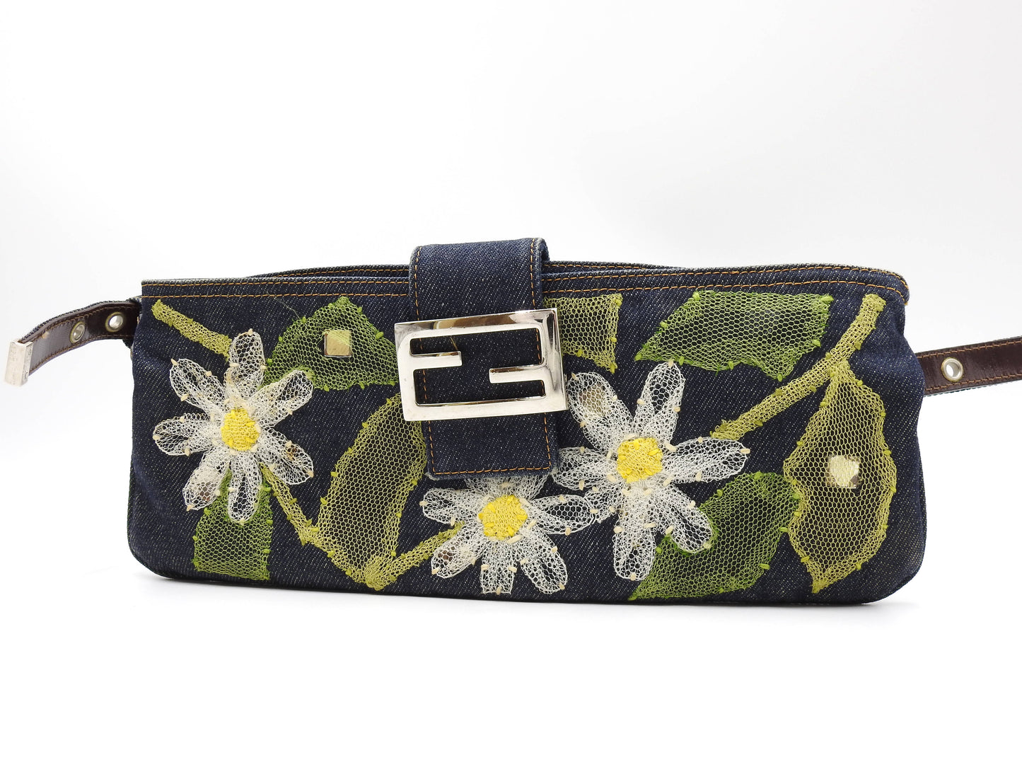 FENDI Denim Mamma Baguette Shoulder Hand Bag Flower Embroidered Navy