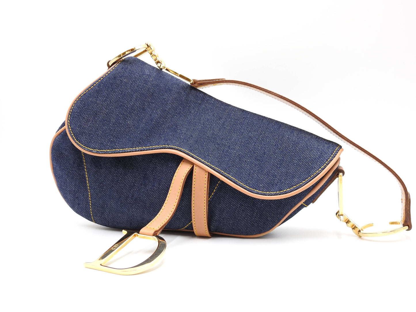 Christian Dior Saddle Bag Shoulder Hand Bag Denim Canvas Leather Navy Gold