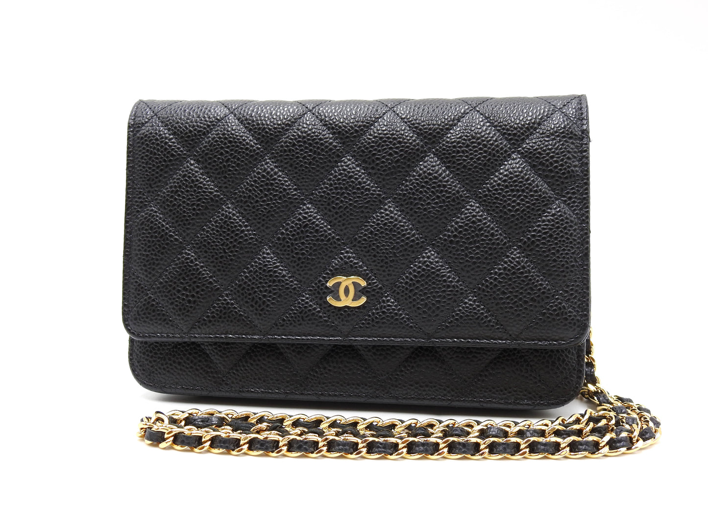 CHANEL CC Matelasse Wallet On Chain Shoulder Bag Caviarskin Black AP0250
