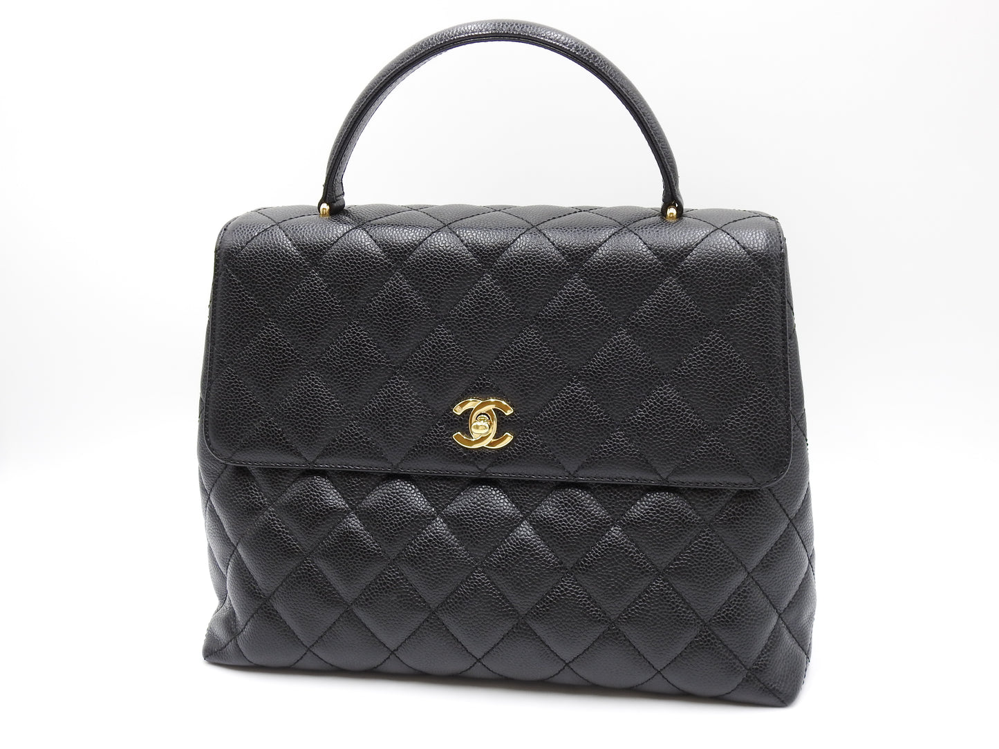 CHANEL Matelasse CC Kelly Hand Bag Caviarskin Leather Black Gold A12397