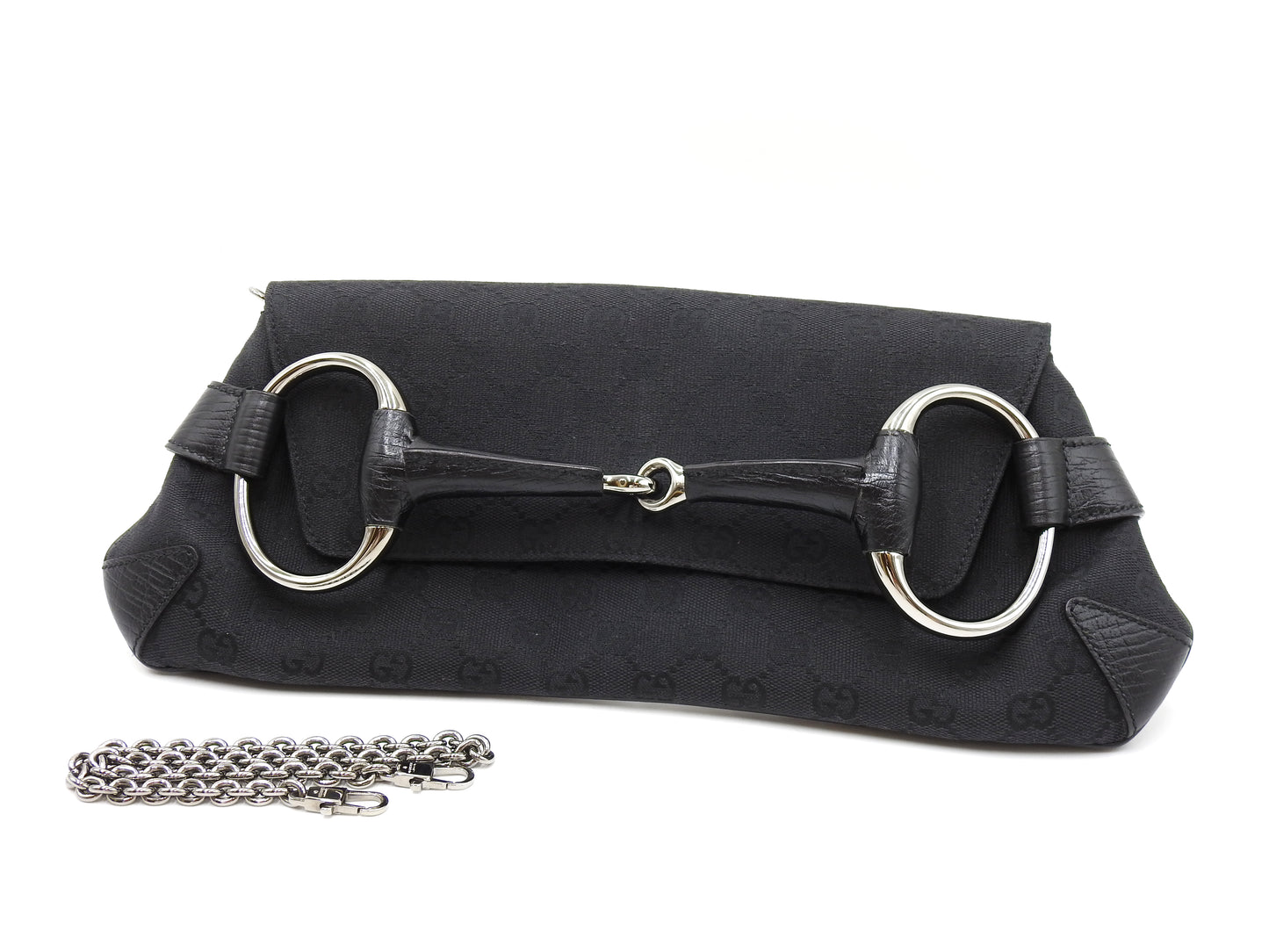 GUCCI GG Canvas Horsebit 2way Chain Clutch Hand Bag Leather Black 120134