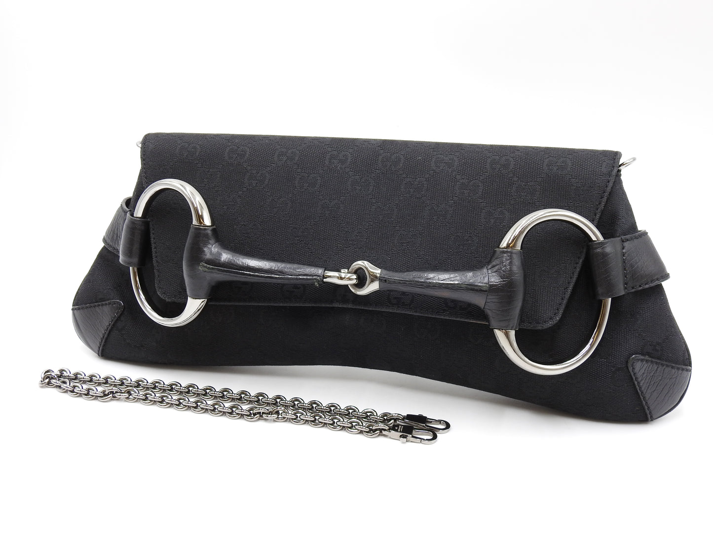 GUCCI GG Canvas Horsebit 2way Chain Clutch Hand Bag Leather Black 120134