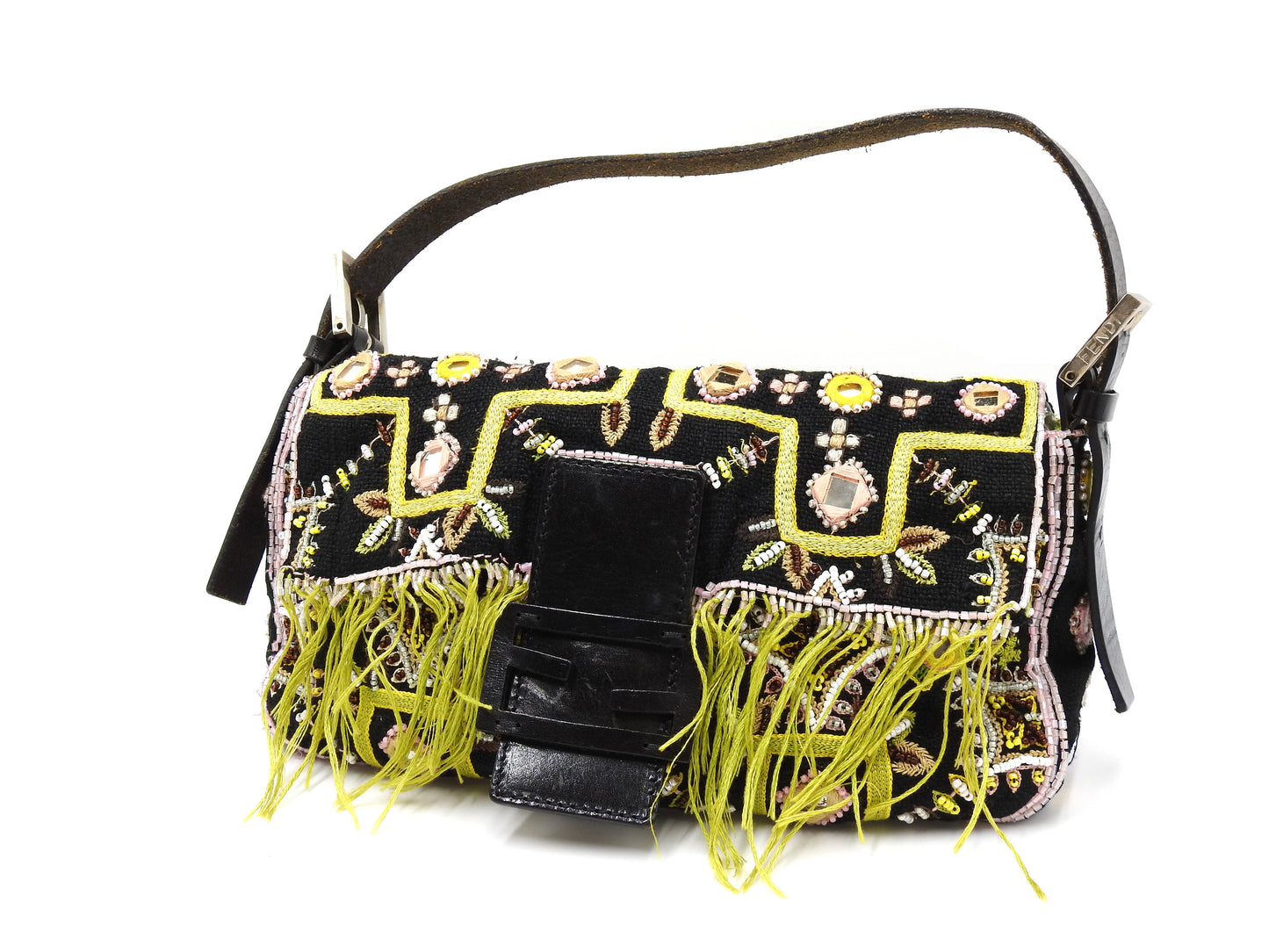 FENDI Mamma Baguette Shoulder Hand Bag Embroidered Beaded Fringe Black