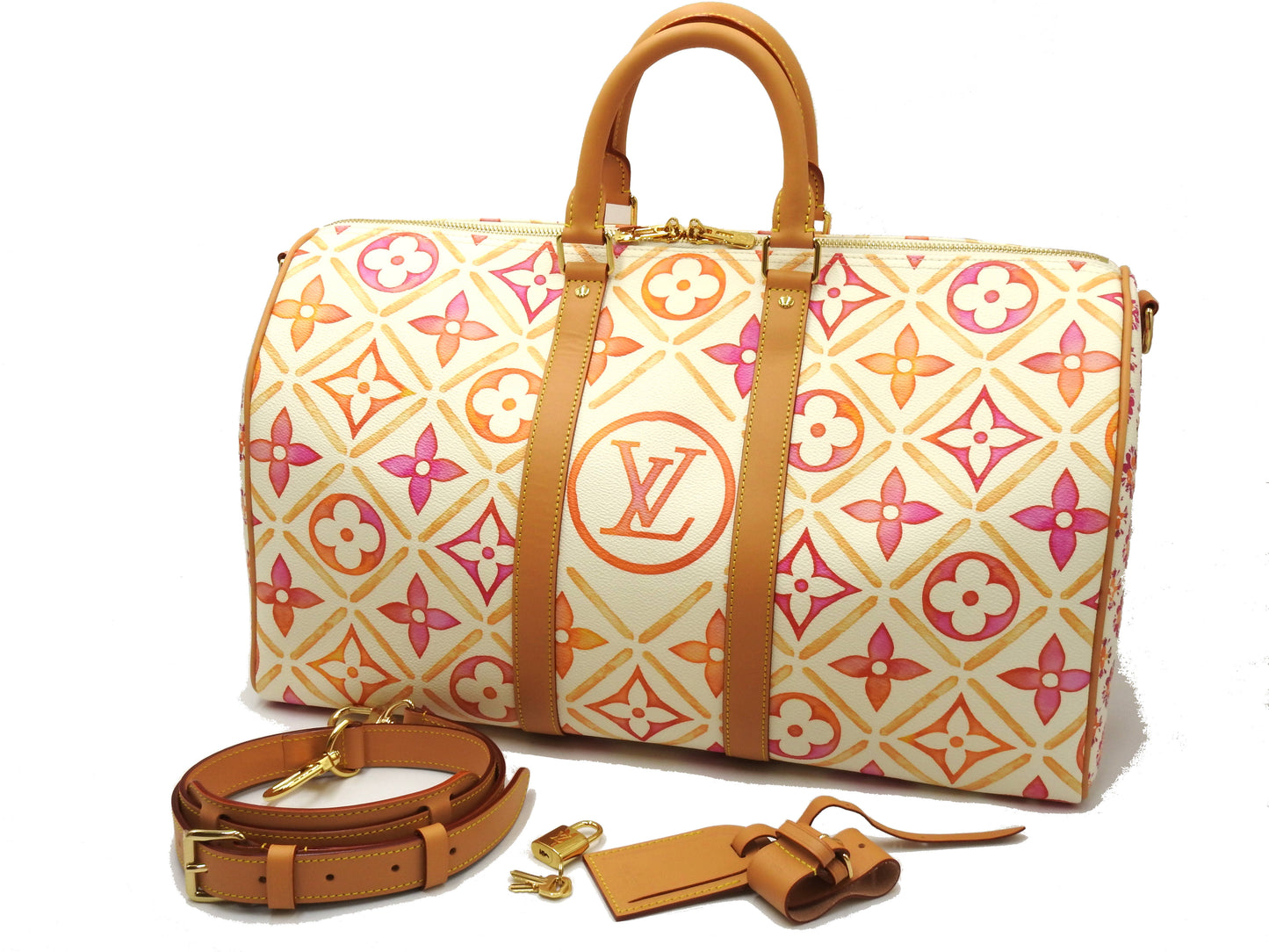 LOUIS VUITTON Monogram Tile Keepall Bandouliere 45 Travel Bag Coral M11251