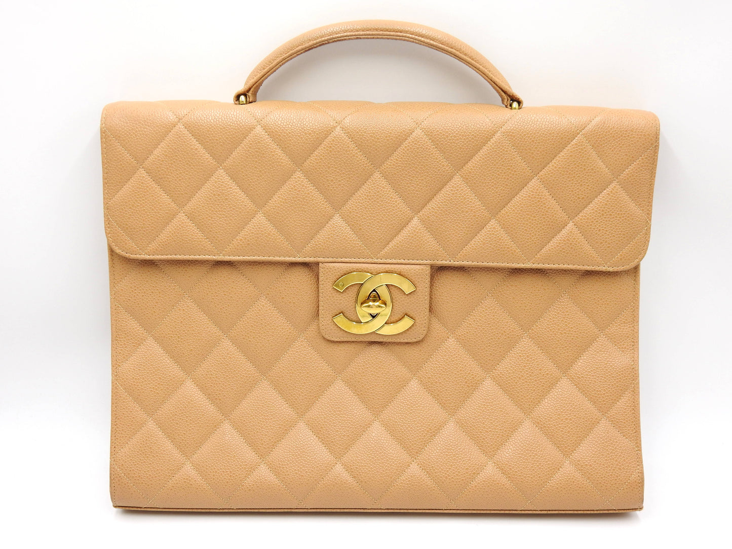 CHANEL CC Matelasse Briefcase Business Bag Caviarskin Leather Beige Gold