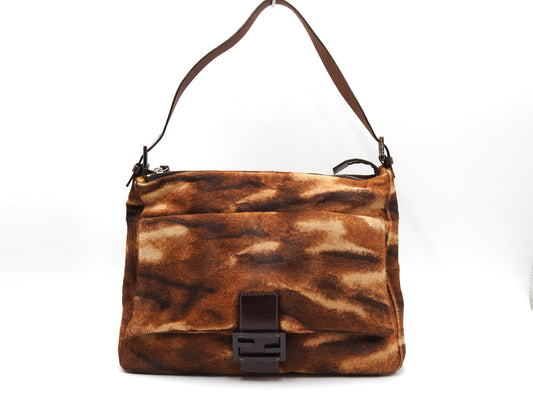 FENDI Leopard Mamma Baguette Shoulder Hand Bag Leather Brown Silver
