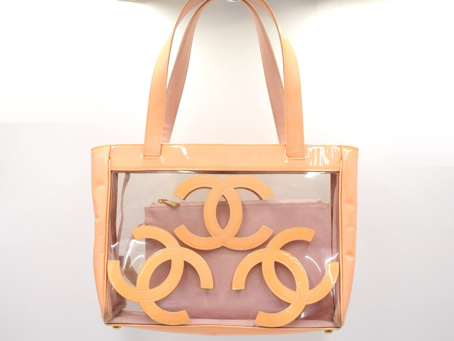CHANEL Triple Coco Vinyl Patent Leather Shoulder Tote Bag Beige Clear
