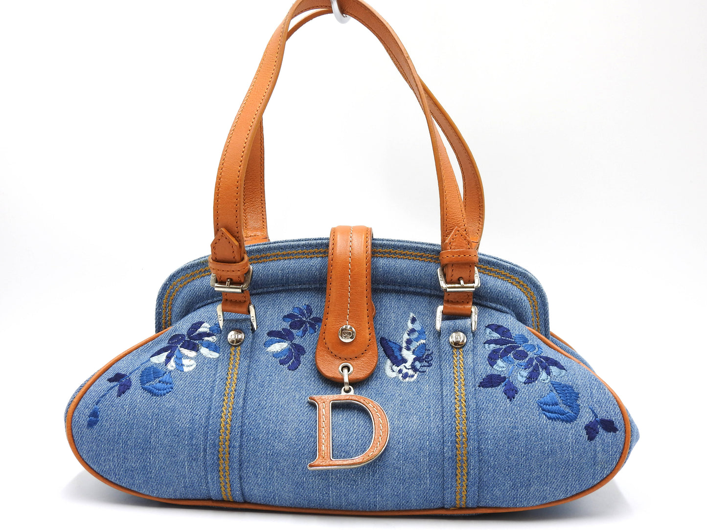 Christian Dior Denim Embroidered Flower Kiss Lock Hand Bag Blue Brown