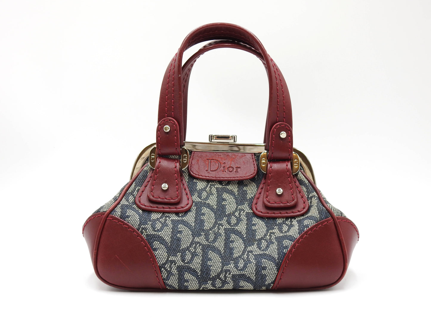 Christian Dior Trotter Kiss Lock Mini Hand Bag Canvas Leather Navy Red