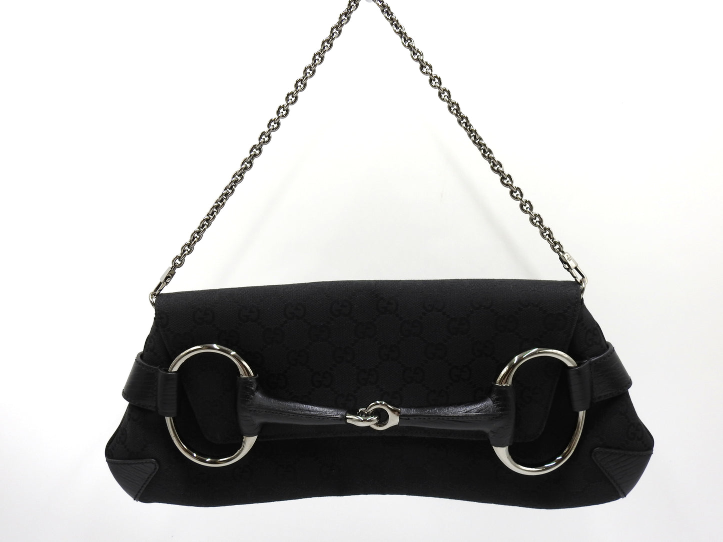 GUCCI GG Canvas Horsebit 2way Chain Clutch Hand Bag Leather Black 120134