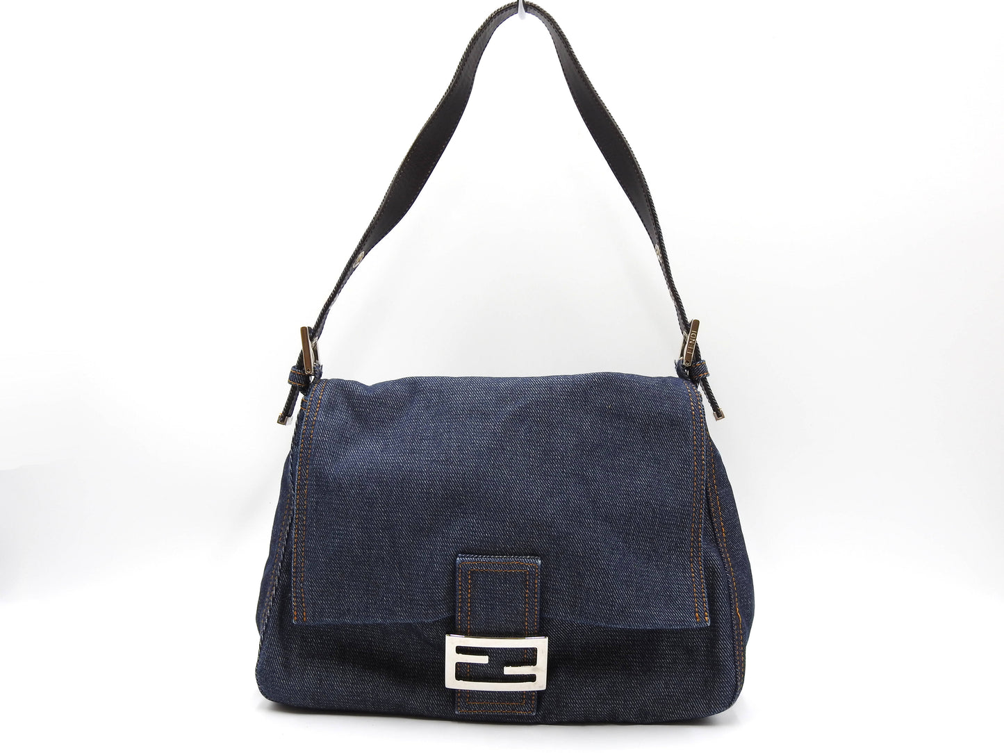 FENDI Mamma Baguette Shoulder Hand Bag Denim Navy Silver Hardware