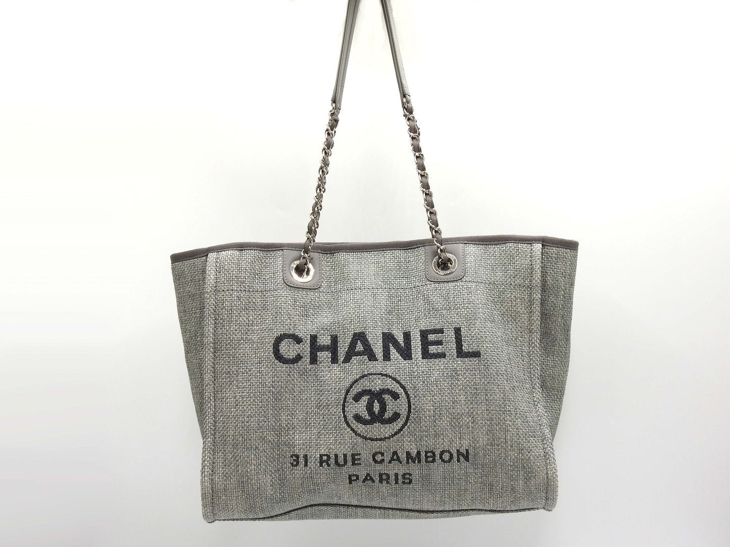 CHANEL Deauville MM Tote Bag Shoulder Bag Straw Canvas Gray Silver A67001