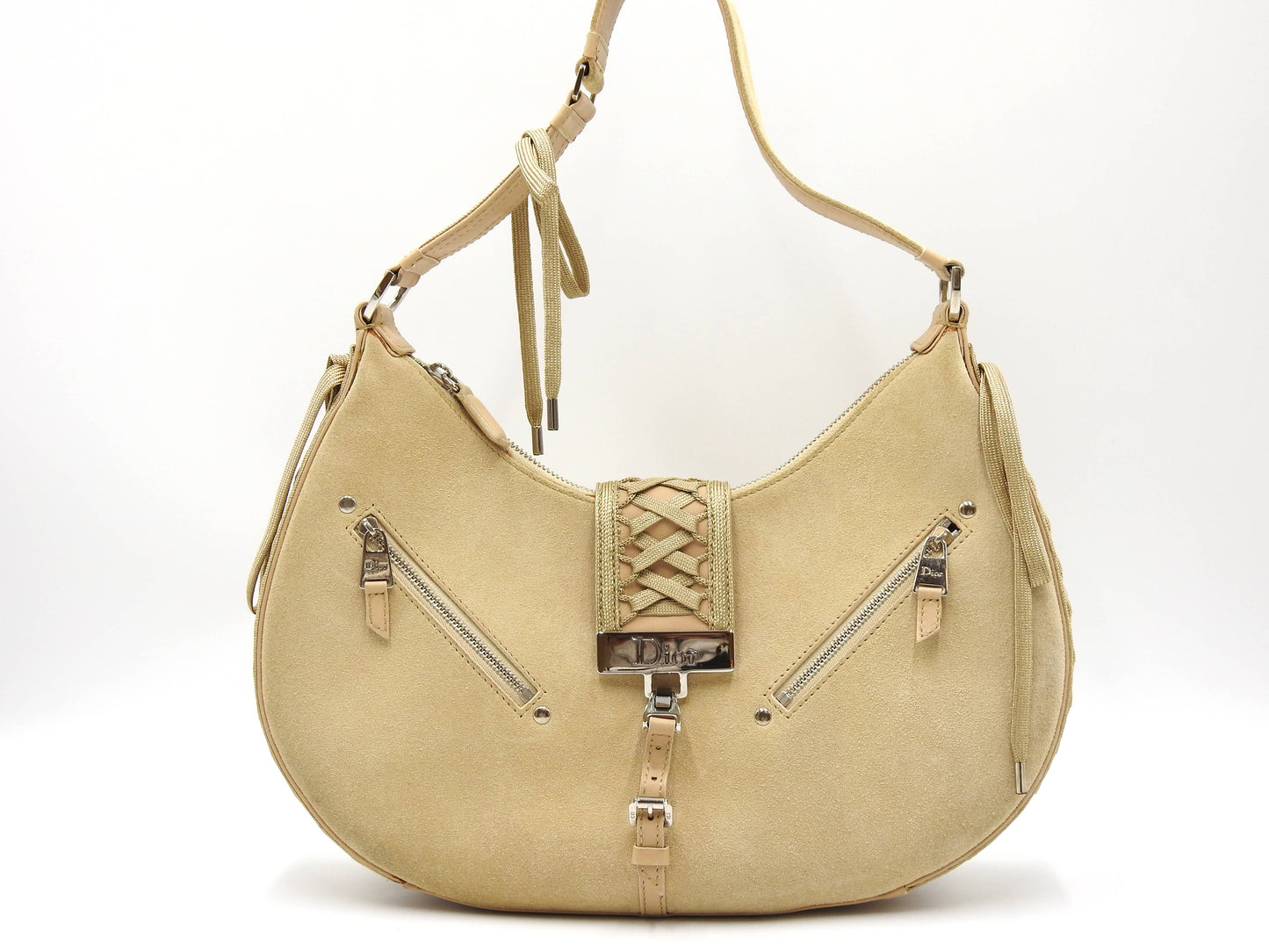 Christian Dior Admit It Lace-Up Hobo One Shoulder Bag Suede Leather Beige