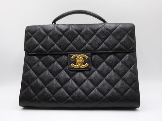 CHANEL CC Matelasse Briefcase Business Bag Caviarskin Leather Black Gold