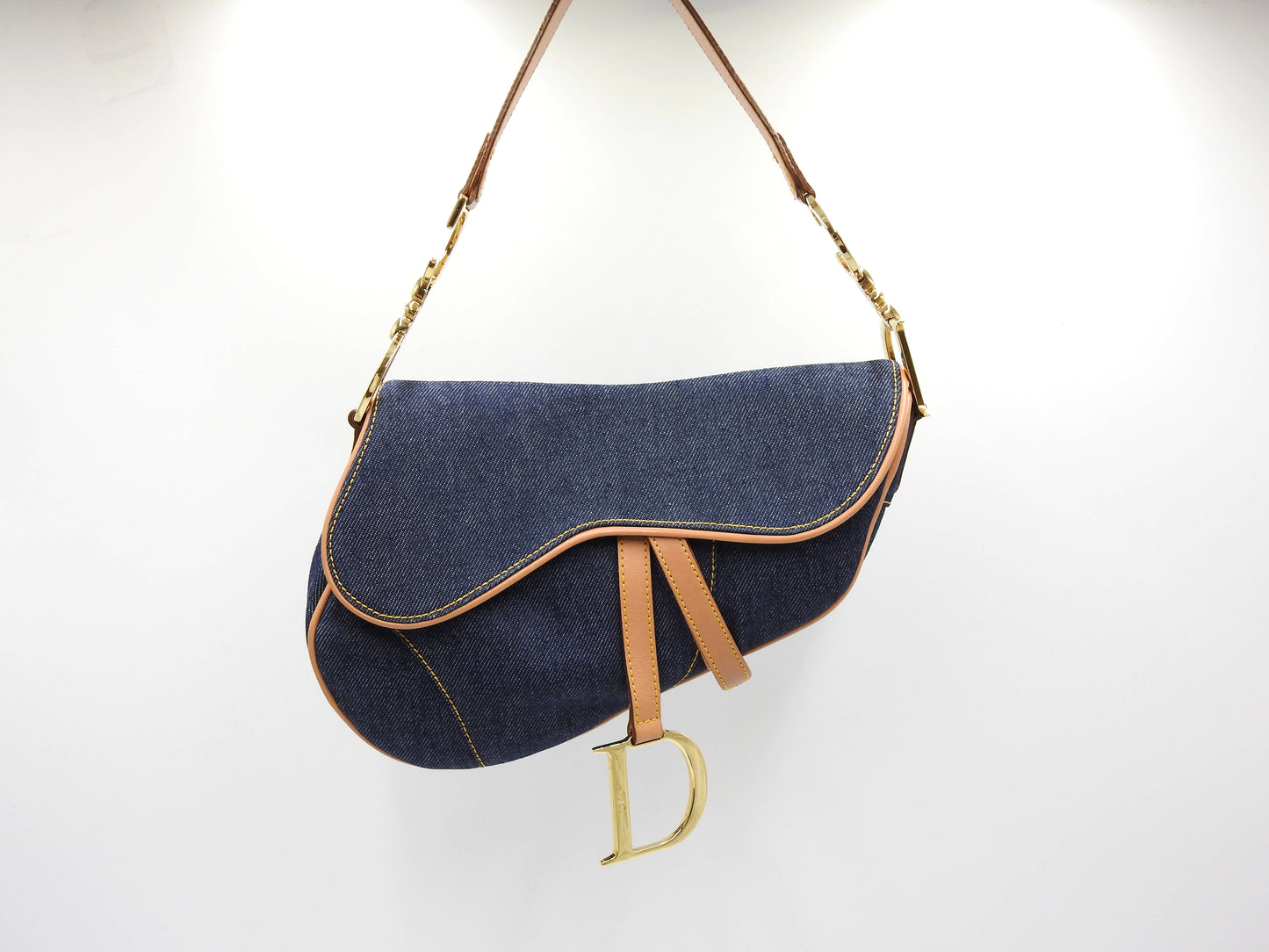Christian Dior Saddle Bag Shoulder Hand Bag Denim Canvas Leather Navy Gold