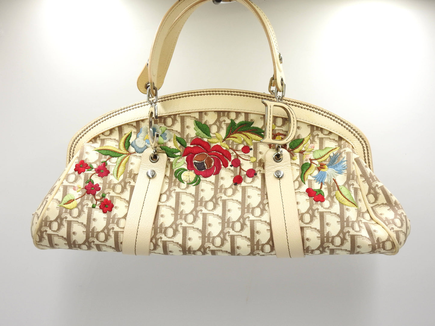 Christian Dior Trotter Embroidered Flower Hand Bag Canvas Leather Beige