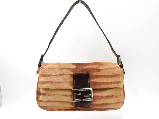 FENDI Leopard Mamma Baguette Shoulder Hand Bag Leather Brown Silver