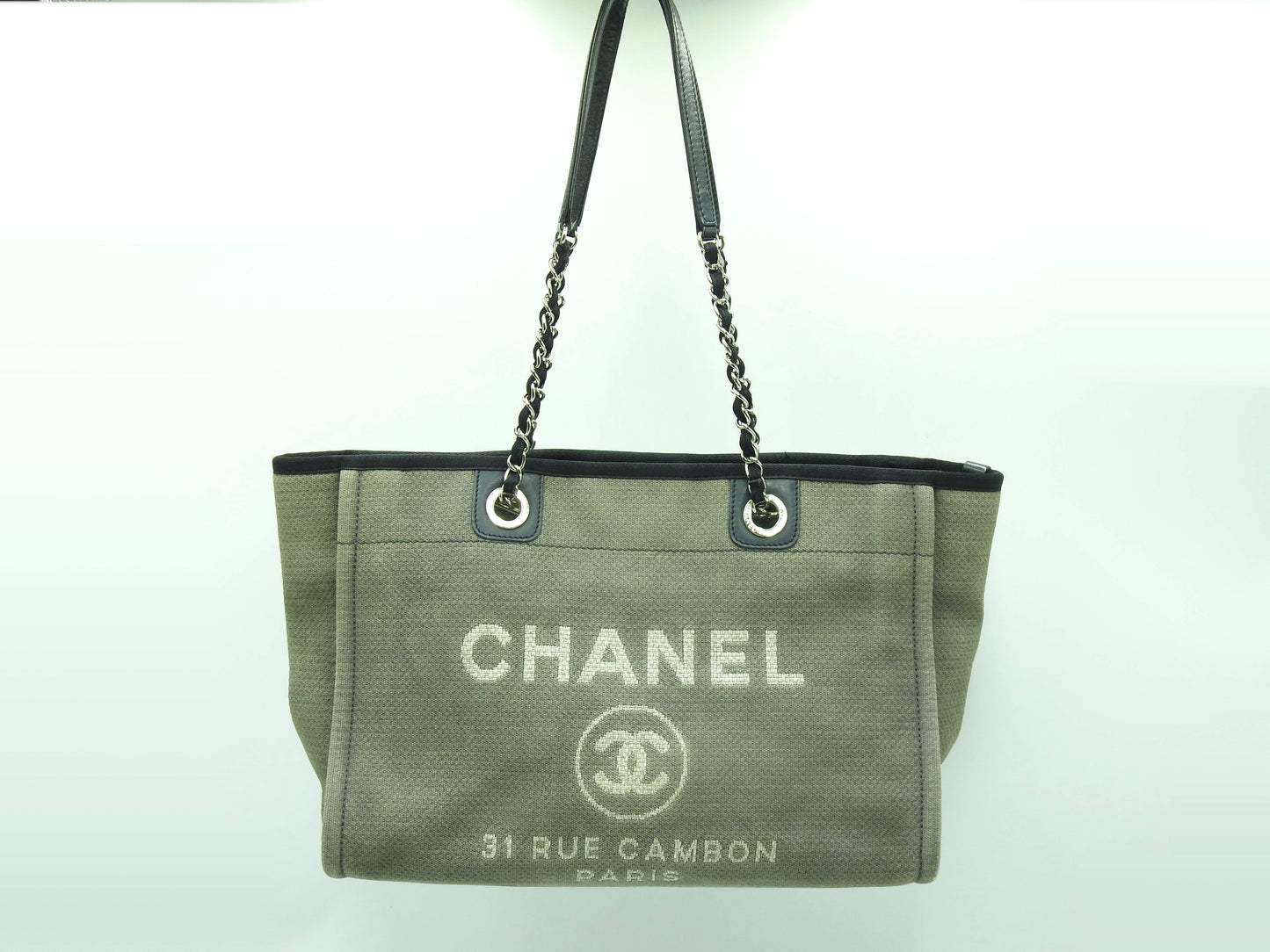 Chanel Deauville MM Tote Bag Shoulder Bag Canvas Gray Silver A67001