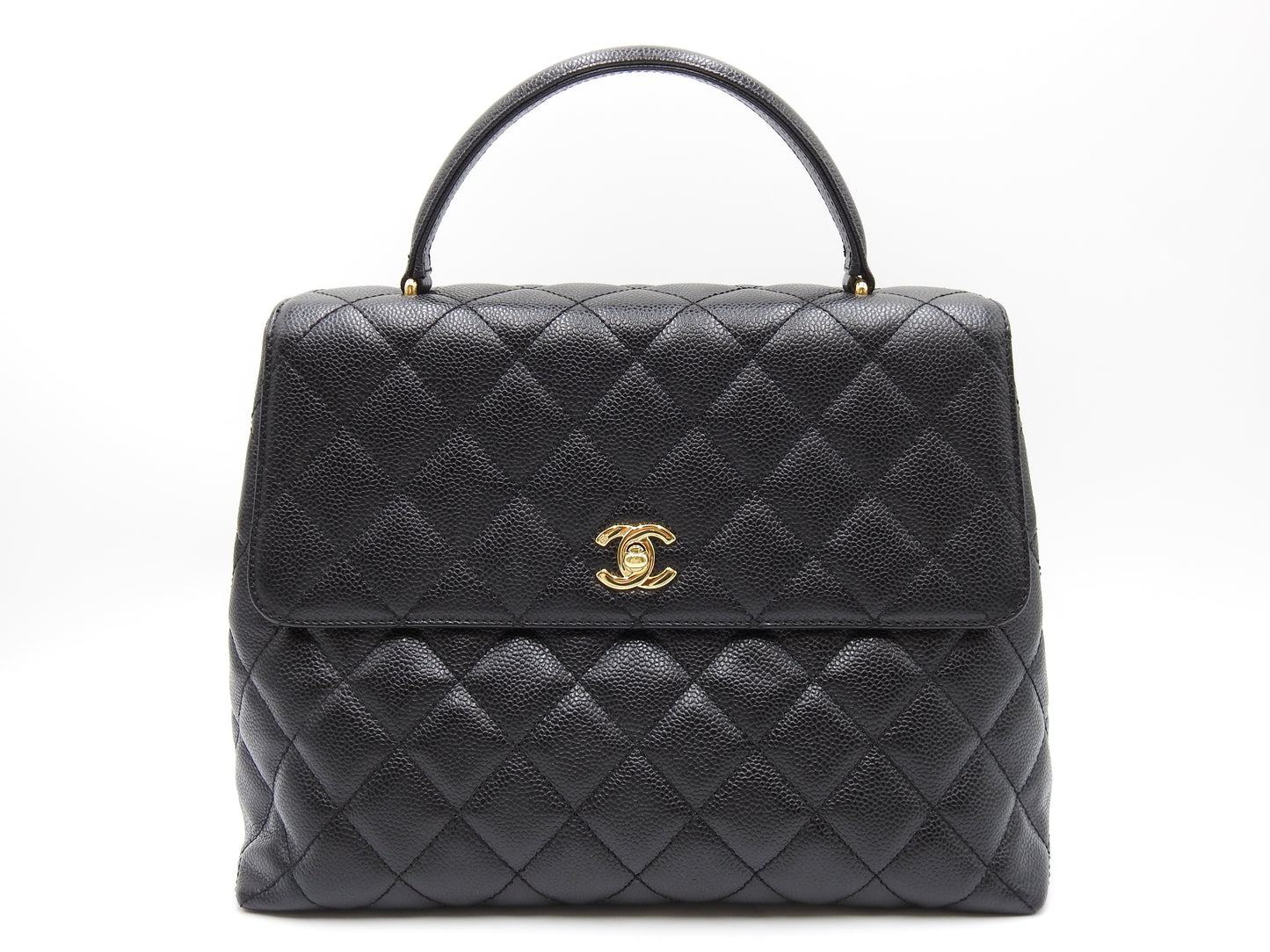 CHANEL Matelasse CC Kelly Hand Bag Caviarskin Leather Black Gold A12397