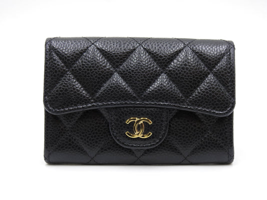 CHANEL CC Matelasse Card Case Holder Caviarskin Black Gold AP0214